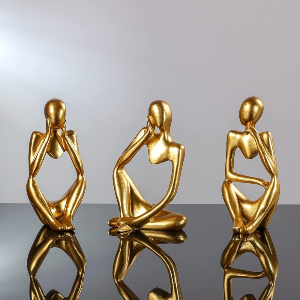 Thinker Statue Gold Decor Abstract Art Sculpture Golden Resin Collectible - Picture 2 of 6